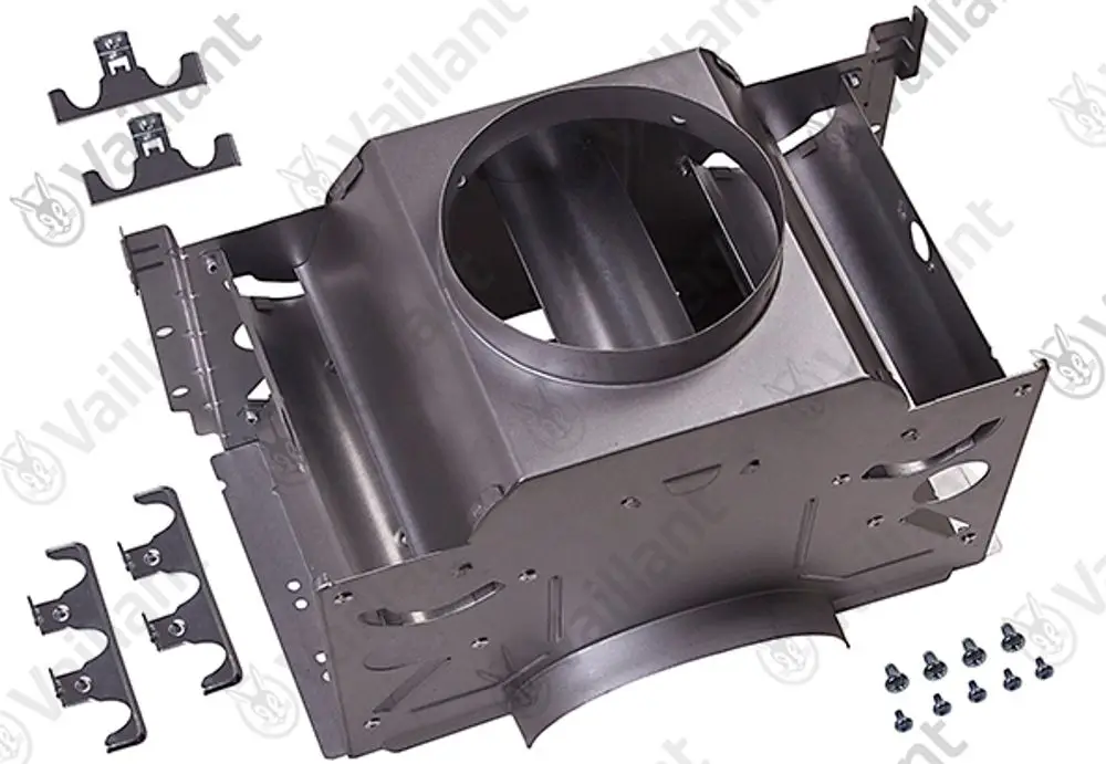 Vaillant Strömungssicherung aus Metall, bestehen aus einem zentralen Gehäuse mit Rohranschluss und verschiedenen Befestigungselementen zur Montage.